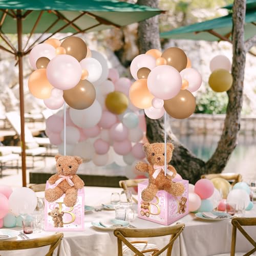 Image of Lenwen 6 Sets Baby Letter Boxes Decorations Table Centerpieces for Baby Shower Gender Reveal,Bear Stuffed Animals Balloon with Stand Plush Toy Boxes for Birthday Party Wedding(Bear,Pink)