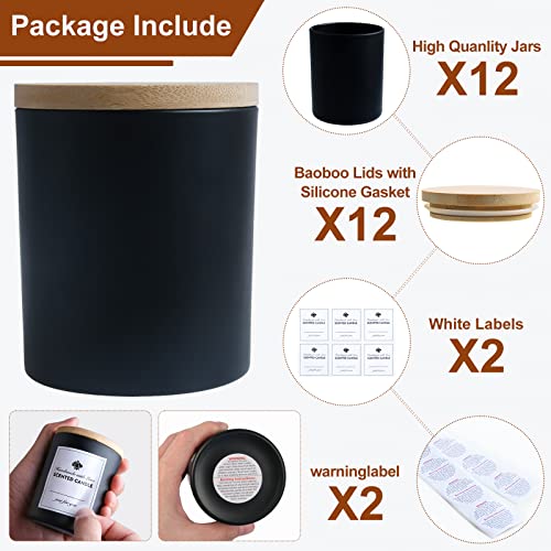 Image of CONNOO 12 x Frosted Black Glass Candle Jars 10oz Bamboo Lids | For candle making, empty candle tins, wooden lids, dishwasher safe
