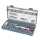 Hi-Spec 39 Piece Metric & SAE Socket Tool Set of 1/4” & 3/8” Drive Sockets with 2 Handles & Adaptors. DIY Repair & Fixing at Home, The Garage or Workshop. Complete in a Sturdy Tray Case