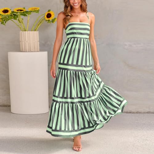 Image of Yuemengxuan Boho Maxi Dresses for Women Spaghetti Strap Flowy Smocked Long Dress Casual Summer Vacation Beach Maxi Dress