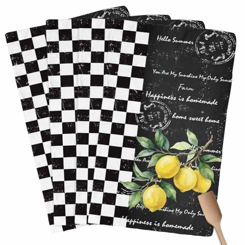 Image of Kitchen Towels Yellow Lemon Dish Cloths Black White Buffalo Check Plaid Dish Towel Cleaning Cloth Ultra Soft Absorbent Quick Drying 4 Pack Hand Towels for Kitchen, Bathroom