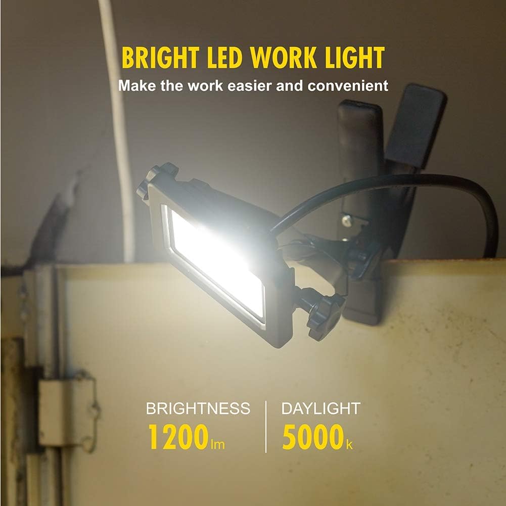 1200 Lumens Portable LED Clamp Work Light with 5ft 120V AC/60Hz Power Plug, Lightweight Design, Suitable for Wet Location, 10 Watts, 5000K Daylight, ETL Certified, 2pack