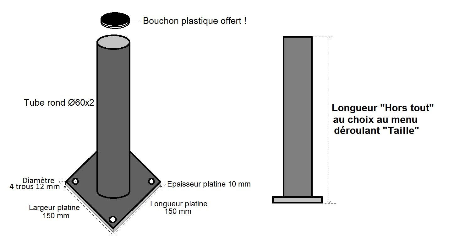 Générique LeMétal – Poteau Rond Acier Ø 60x2 mm (120 cms) - Longueur au Choix de 50 à 300 cms - Bouchon Plastique Offert !