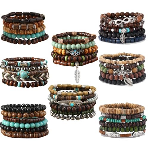 image for SONNYX 43Pcs Punk Wooden Beads Bracelets Gothic Bracelet for Men Adjus