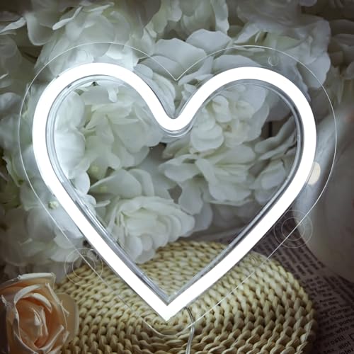 Image of SYLHOME Heart Led Neon Light Sign Battery Operated or USB Powered Bedroom Wedding Wall Sign Decor Valentines Day Birthday Christmas Gifts USB 7.87 inch X 7.28 inch Cold White