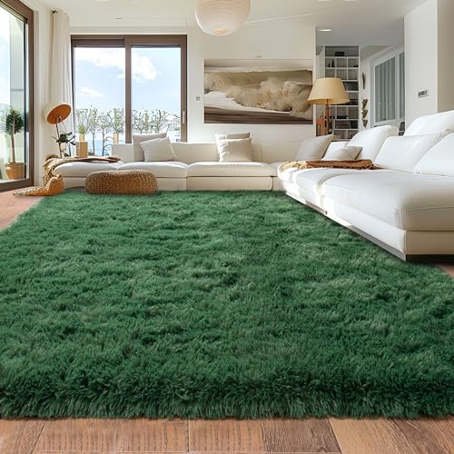 Rugs for Living Room 9x12, Soft Shaggy Modern Shag Area Rug for Bedroom, Upgrade Non-Slip Plush Fluffy Carpet for Kids Boys Girls Room Home Decor Aesthetic, Blackish Green