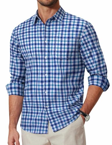 COOFANDY Plaid Button Up Shirts for Men Regular Fit Long Sleeve Shirt Casual Untucked Shirts Blue Gingham