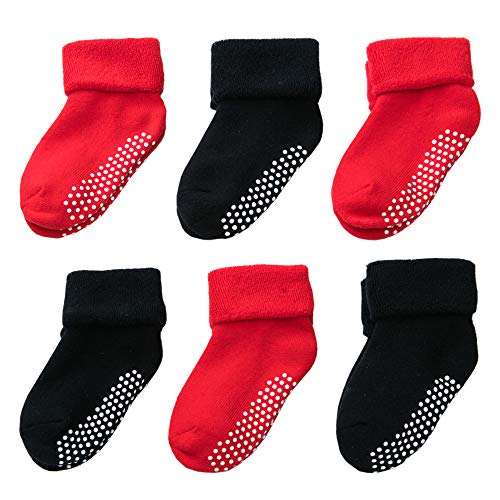 Grip Thick Warm Socks- 6 Pairs Baby Toddler Infant Kids boys Girls Anti Skid/Non Slip (3 Red 3 Black, 3-12Months)