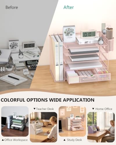 Image of WALI Desk File Organizer, 5 Tier Desktop Paper Letter Tray Organizer with Drawer and 2 Pen Holders, Office Desk Accessories & Workspace Organizers for Office, Home Supplies(DO006DH-P), 1 Pack, Pink