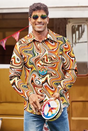 Mainfini Men's 70s Hippies Dress Shirt Floral Paisley Printed Long Sleeve Button Shirts (S-XXL)2