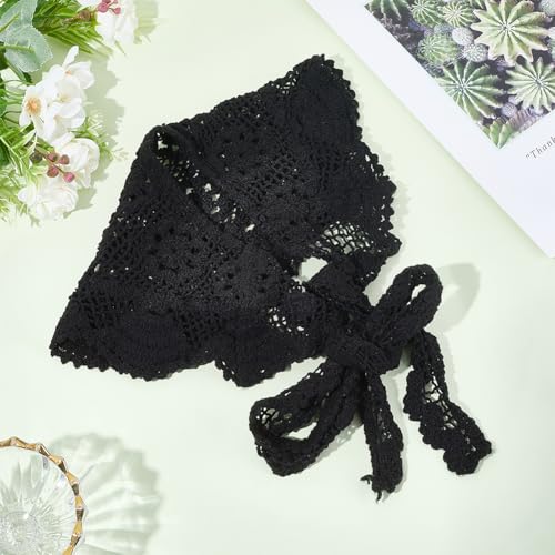 Black Crochet Floral Scarf Knit Bandana Head Kerchief Hair Wraps Vintage Lace Flower Pattern Hollow Out Shawls False Collars Scarves for Women Costume Accessories Hair Styling Decoration3