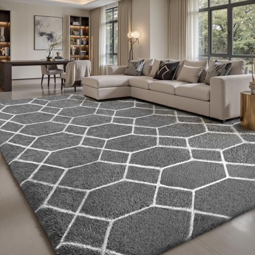 Sour Lemon Hochflor Teppich Grau Carpet Wohnzimmer 120x160 Waschbar Anti-Rutsch Extra Große...