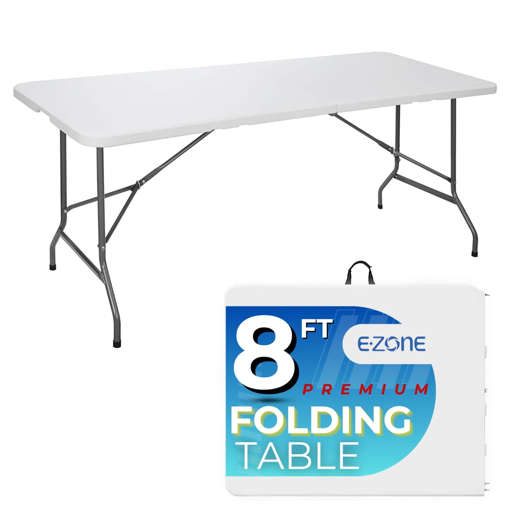 Ezone 8ft Indoor Outdoor Heavy Duty Portable Folding Plastic Dining Table w/Handle, Lock for Picnic, Party, Camping - White (8 Ft)