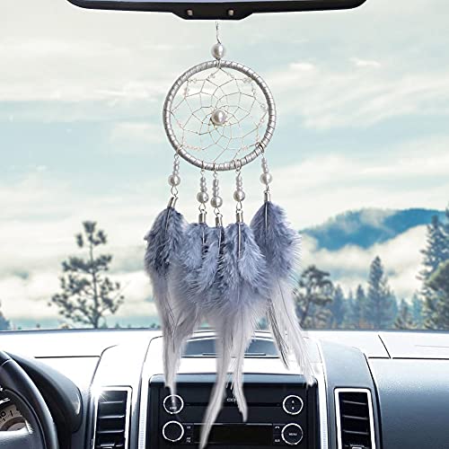 Betylifoy Petit capteur de rêves Grilles Faites à la Main Plume Dream Catcher Voiture Intérieur Rétroviseur Suspendu Ornement Boho Fenêtre Suspendus Décorations Artisanat Cadeau (Gris) Cover