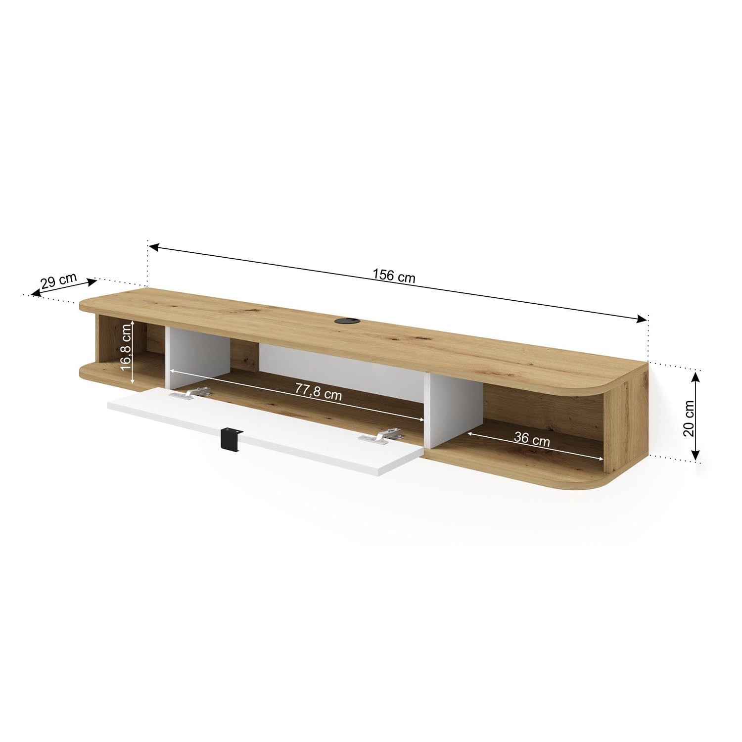 Homlando Lowboard TV, Hängender Fernsehschrank mit Klapptüren, TV Wandboard, Hängeschrank, TV Schrank Icarus 156 x 29 x 20 cm Artisan Eiche und Weiß Matt