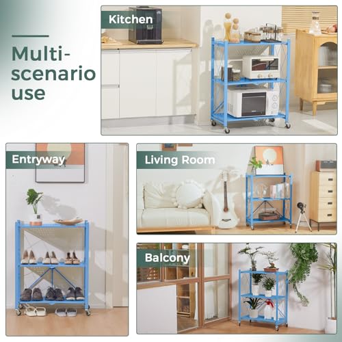 Image of DEANIC 3 Tier Foldable Storage Shelves with Wheels, Kitchen Appliance Stand, Freestanding Metal Wire Shelf Rack, No Assembly Organizer Rolling Cart for Garage, Basement, Pantry(Blue)