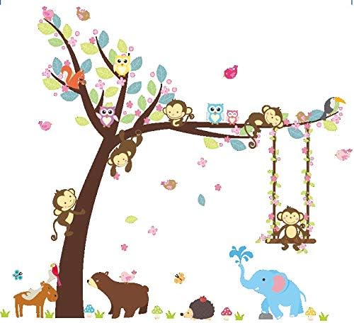 Lisdripe Creative Cartoon Jungle Animals Theme Wall Sticker - Removable Vinyl Wall Art –Monkey Swings Elephant Owl Tree Wall Decals,Bedroom, Playroom,Nursery Decors Decoration