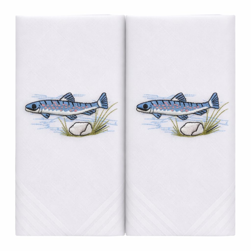MANDITTIONS Box of 2 White Cotton Handkerchiefs Each Embroidered with a Fish