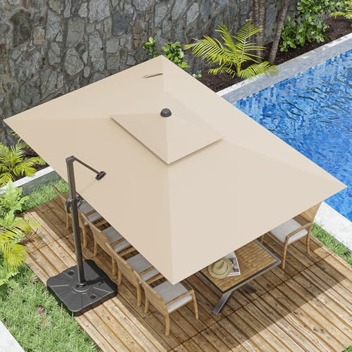 ZLACUIU 10x13FT Cantilever Outdoor Patio Umbrellas, Double Top Large Rectangle Umbrella, Heavy Duty 360° Rotation Offset Outdoor Sun Shade Umbrella for Garden Deck Pool Backyard Patio, Beige