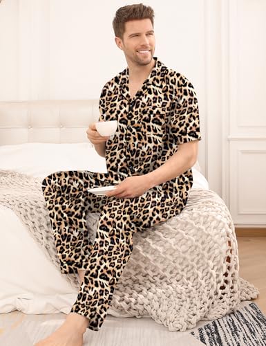 Image of SWOMOG Mens Satin Pajama Set Short Sleeve Classic Sleepwear Button Down Silky Loungewear with Long Pants