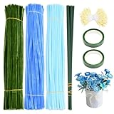 手芸モール 工作 モール セット モール 造花 作成キット カラーモール 300本 花束 手作りキット 手芸素材 造花の茎 20本入とフラワーテープ 緑2巻と造花のおしべ約400個付き DIY 飾り物 学校 手芸用 誕生日 母の日 バレンタインデー 贈り物 (ブルーセット)