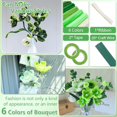 Image of 400 Pcs Pipe Cleaners, Pipe Cleaners Craft, Pipe Cleaner Flowers Crafting | 6 Colors Cleaner with 20 pieces Green Craft thread, Ribbon, Tape,DIY Art and Craft Projects Creative Gift (Green)