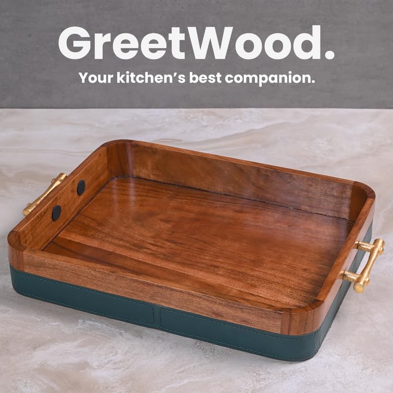Image of Wooden Serving Tray with Stylish Handles - 15 Inch Rectangular Wooden Tray for Coffee Table, Kitchen, Breakfast & Home Decor | Multipurpose Organizer & Gift (Leather Fabric Accent)