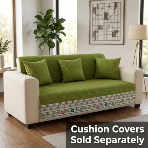 Image of KINGLY Sofa Cover 4 Seater Fully Covered | Stretchable Anti-Slip Slipcover | Washable Furniture Protector | Olive Green | Set of 2 | Seat & Back |