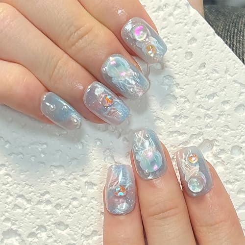 FRUJCDKI Medium Press on Nails-Handmade False Nails 10PCS, Pink Cartoon Jellyfish, Mermaid, Cat's Eye Acrylic Fake Nail Set with Nail Glue, Reusable Stick On Nails for Women and Girls (Ocean, S)