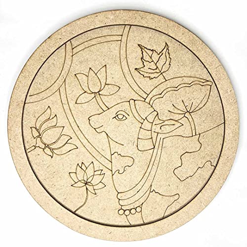 Image of ADIKALA Pichwai Cow & Lotus Mdf Design Engraved Wall Plate With Frame DIY Craft