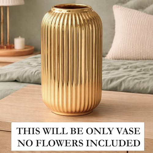 Image of Art Street Modern Ribbed Ceramic Flower Vase | Matte Golden Decorative Boho Vase for Living Room, Bedroom & Office Dcor - (Flower not Included) 5x9 Inch