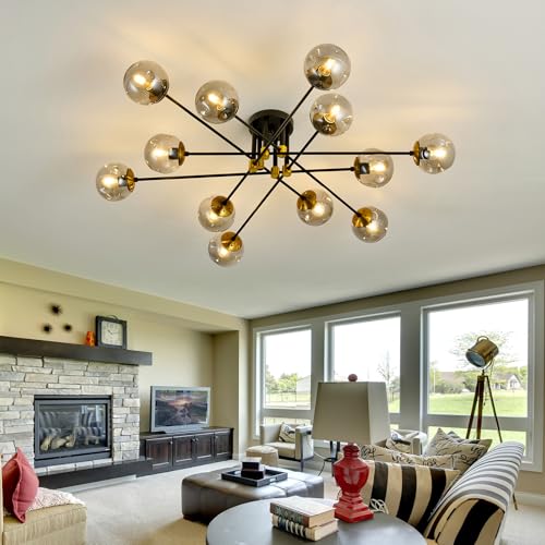 Image of 12 Light Glass Globe Ceiling Light Black Mid Century Flush Mount Sputnik Light Fixture Bubble Chandelier for Living Room Farmhouse Dining Room Kitchen Bedroom.