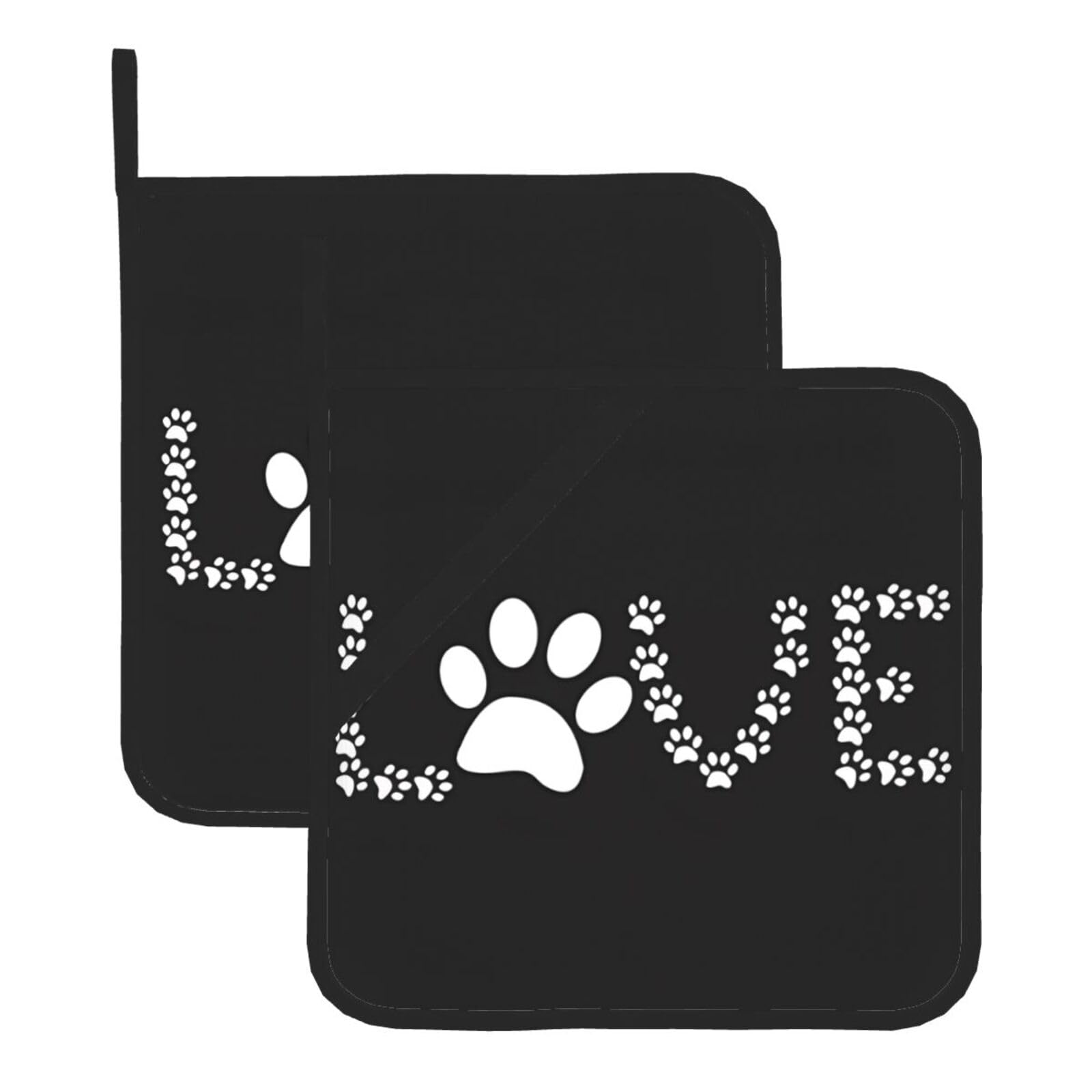 WHJDPP Lover Dog Paw Prints Square Hot Pads for Kitchen Counter - Waterproof Pot Holders Set of 2, Heat Resistant Trivets with Pocket & Hanging Loop for Serving, Oven & BBQ