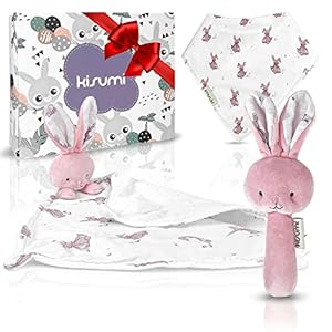 Kisumi Baby Geschenk zur Geburt für Mädchen Schmusetuch, Lätzchen und Babyrassel 0-36 Monate (Rosa)