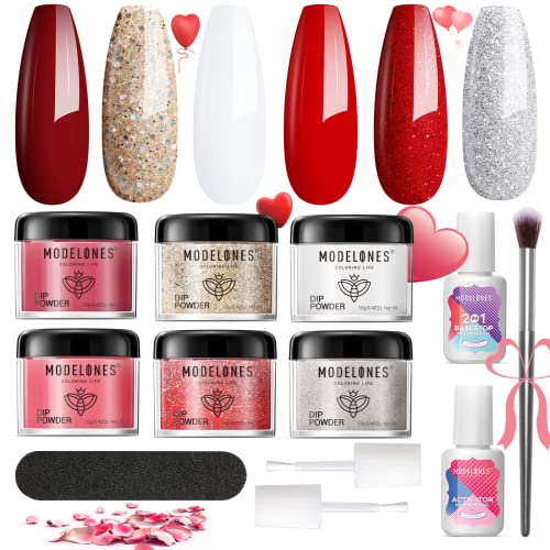 Modelones 12Pcs Dip Powder Nail Kit Starter, Valentine's Day 6 Colors Red White Glitters Dipping Powder System Liquid Set with Base & Top Coat Activator Dip Nail Kit French Nail Art Beginner Manicure Tools DIY Salon