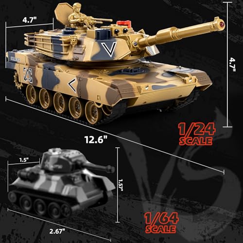 DBshoot 1/24 RC Tank, US M1A2 Army Toys with Sound Effects, Lights and Smoke, 2.4GHz Remote Control Tank for Boys, Infrared Battle Toy with Smoke and Sound Effect Gift for Kids Aged 4+