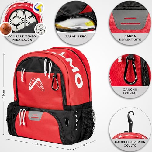 MONTALMO Rucksack für Basketball, Voley, Handball, mit Schuhfach und Ballfach, Sportrucksack für Jungen, Mädchen (Rot/Schwarz)