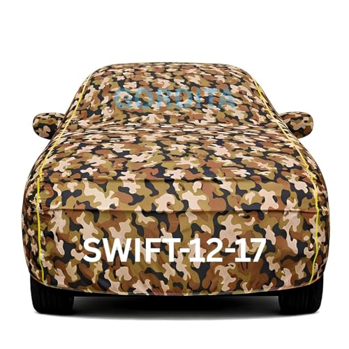 Image of Waterproof Car Body Cover for Swift 2012-17 All Weather Protection Comes with Inner Cotton Lining & Triple Stitched with Mirror & Antenna Pocket Belt & Elastic Fit Army with Yellow Piping2