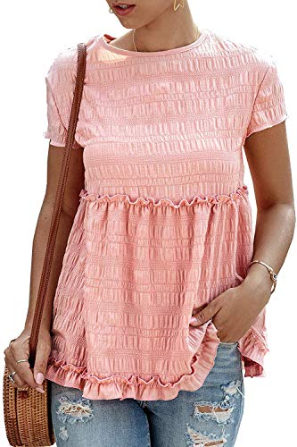 Womens Waffle Knit Shirts Long Sleeve Peplum Ruffled Layered Hem Blouse Tops (C Pink, Small)