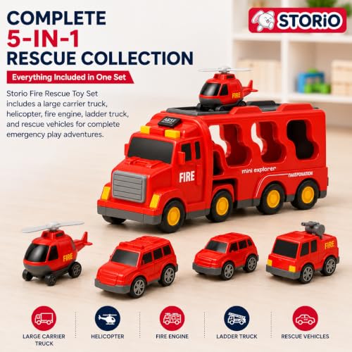Image of Storio 5 in 1 Fire Truck Toy for Kids 3-5 Years Boys | Transport Carrier Fire Engine Vehicle Set with Ladder Truck Helicopter | Friction Powered Light Sound Montessori Toys for 3 4 5 6 7 Year Old