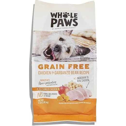 Whole Paws, Grain-Free Dry Dog Food, Chicken & Garbanzo Bean Recipe, Enhanced with Fiber & Prebiotics, 4 lb