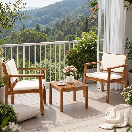 Flamaker Patio Chairs 3 Piece Acacia Wood Patio Furniture with Coffee Table & Cushions Outdoor Conversation Set Balcony Chairs for Porch, Deck, Backyard