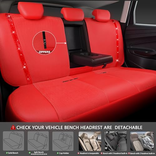 Image of CAR PASS Bling Diamond Car Seat Covers Full Set, Shining Rhinestone Waterproof Faux Leather, Rear with Zipper, Universal Fit Automotive Glitter Crystal Sparkle Strips for Cute Women Girl, Red