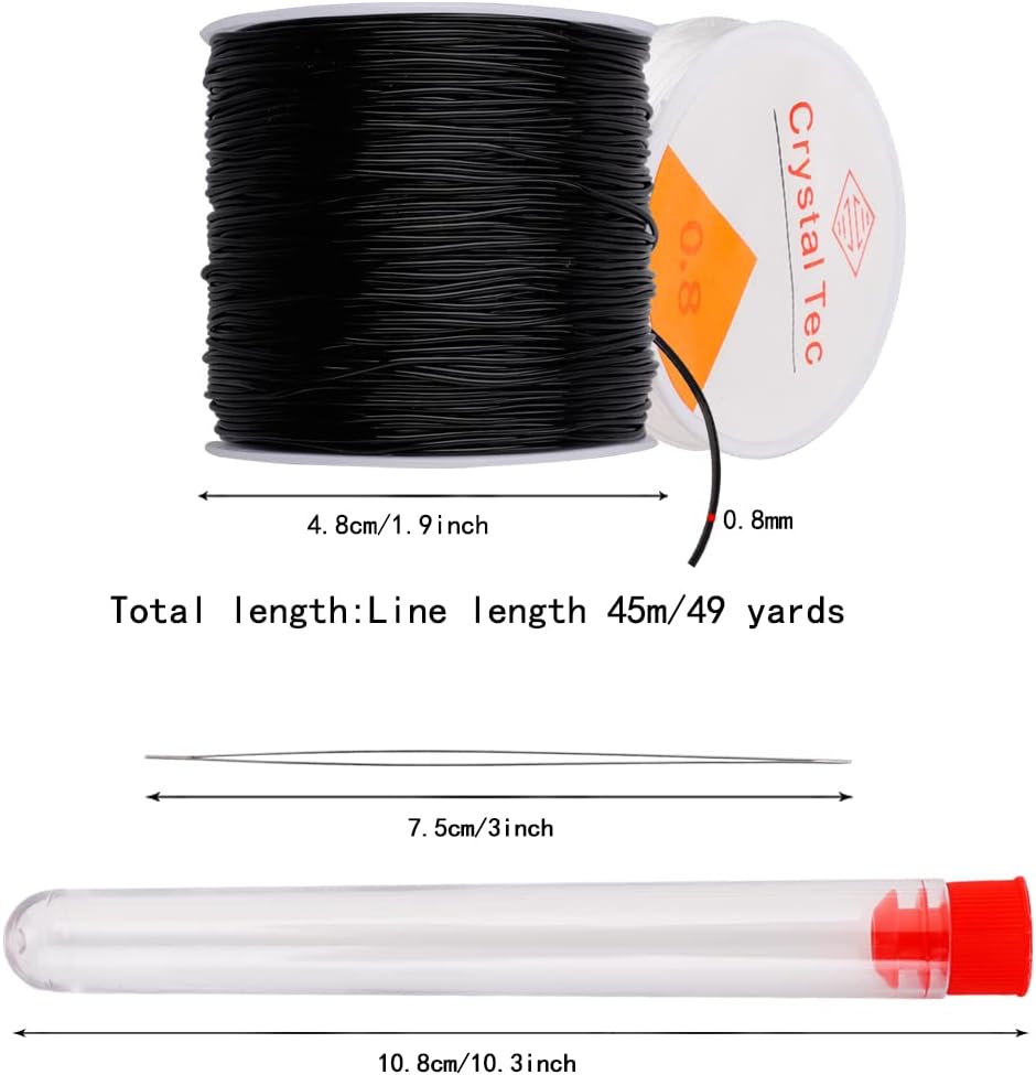 0.8mm Elastic Bead Cord, 2Rolls Black and Clear Elastic String Stretchy String for Bracelets Making with Beaded Needle and Scissors