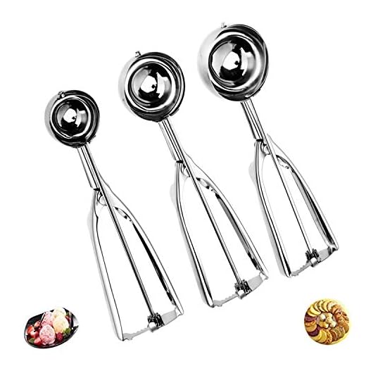 Cookie Scoop Set,JSDOIN Ice Cream Scoop Set, 3 PCS 18/8 Stainless Steel Ice Cream Scoop Trigger Include Large-Medium-Small Size, Melon Scoop (cookie scoop)