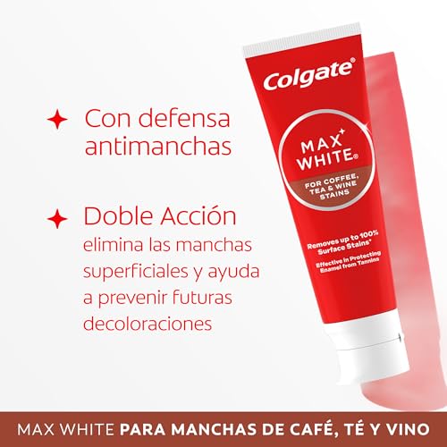 Miniatura 4 de Colgate Pasta de dientes blanqueadora Max White For Coffee 4 x 75ml, Tea & Wine, elimina hasta el 100% de las manchas superficiales, protege el esmalte de los taninos, segura para el esmalte