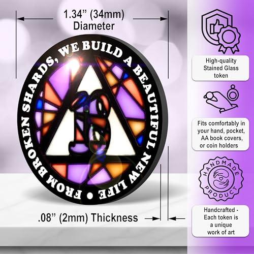 Image of Stained Glass 18 Year AA Chip Sobriety Coin Medallion, Fragments to Freedom Alcoholics Anonymous Addiction Recovery Anniversary Token, Inspirational Sober Gifts for Men and Women by the Token Shop