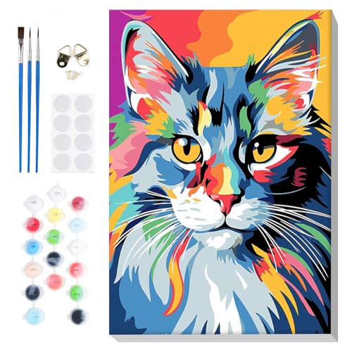 Lxmsja Chat Coloré Peinture Numero Adulte avec Cadre, Peinture par Numero Animaux, Peinture Acrylique Chat Numéro d'art avec 3 Pinceaux, Loisirs Créatifs...