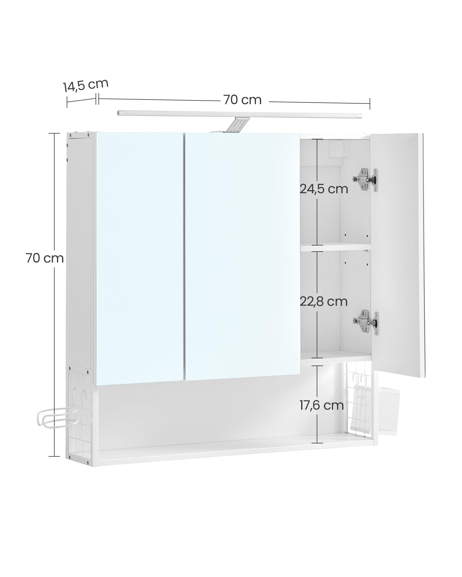 VASAGLE Armadietto da Bagno con Luce LED, 14,5 x 70 x 70 cm, Spina, Cestino Pensile, Porta Asciugacapelli, Mobile a Parete con Specchio, Bianco Nuvola BBK124W14
