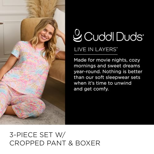 Image of Cuddl Duds 3 Piece Short Sleeve Capri Matching Lounge PJs Sets for Women | Cropped Capris Pants Boxer Shorts & Top, Sleepwear & Loungewear, Cute Sleep & PJ Set, Soft Lightweight & Breathable Pajamas